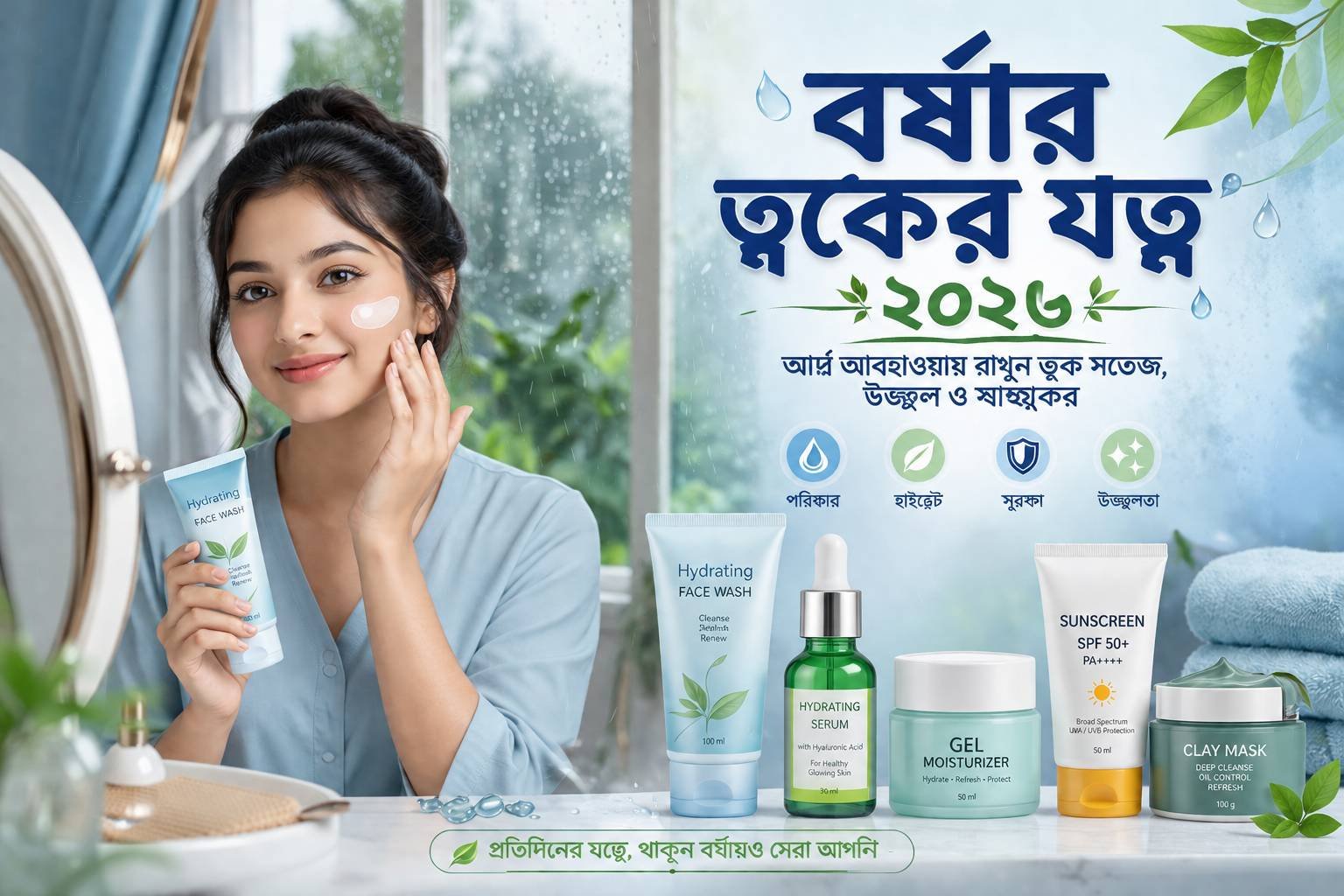 বর্ষার ত্বকের যত্ন: আর্দ্র আবহাওয়ায় স্বাস্থ্যকর ও উজ্জ্বল ত্বকের জন্য সম্পূর্ণ স্কিনকেয়ার গাইড (২০২৬)