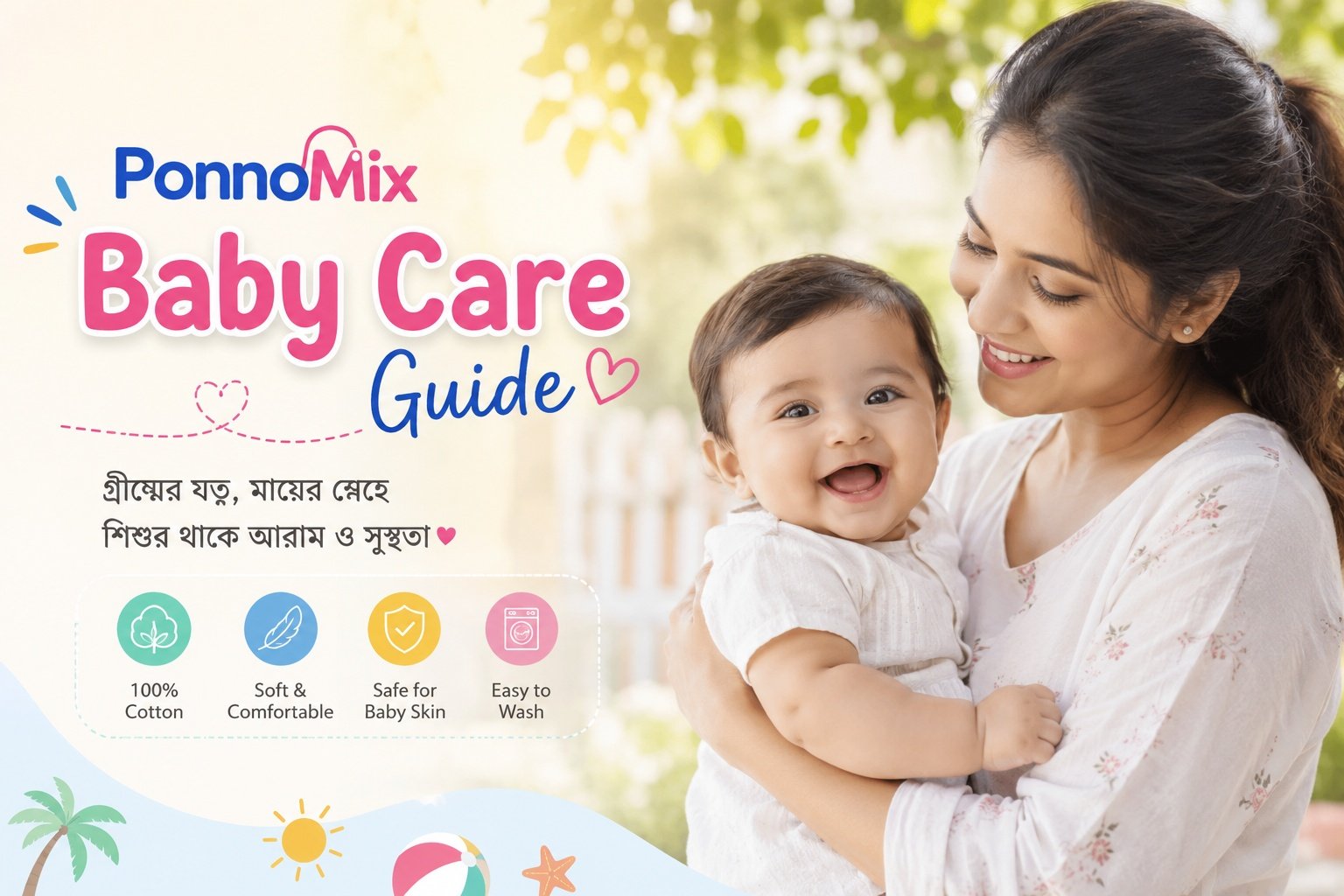 গরমে শিশুকে সুস্থ, আরামদায়ক ও নিরাপদ রাখতে কী করবেন? জানুন পোশাক, গোসল, হাইড্রেশন, খাবার, ত্বকের যত্ন, মশা থেকে সুরক্ষা এবং প্রয়োজনীয় বেবি কেয়ার পণ্যের সম্পূর্ণ বাংলা গাইড।