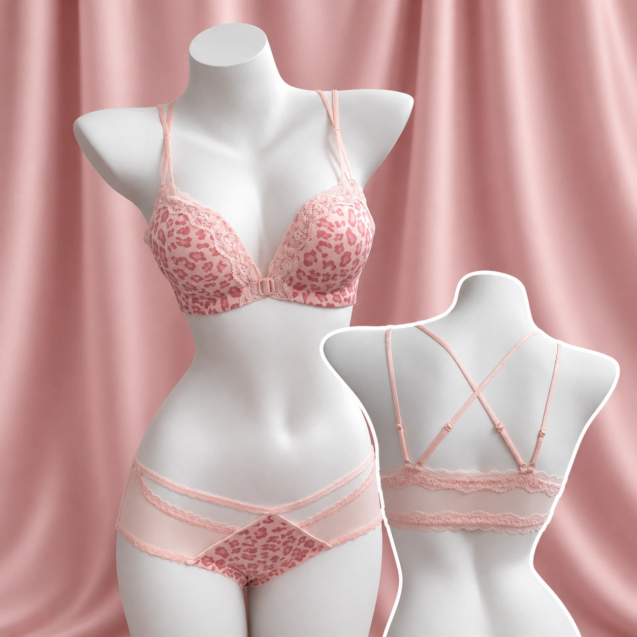 Leopard Print Front Button Push-Up Bra & Panty Set for Women