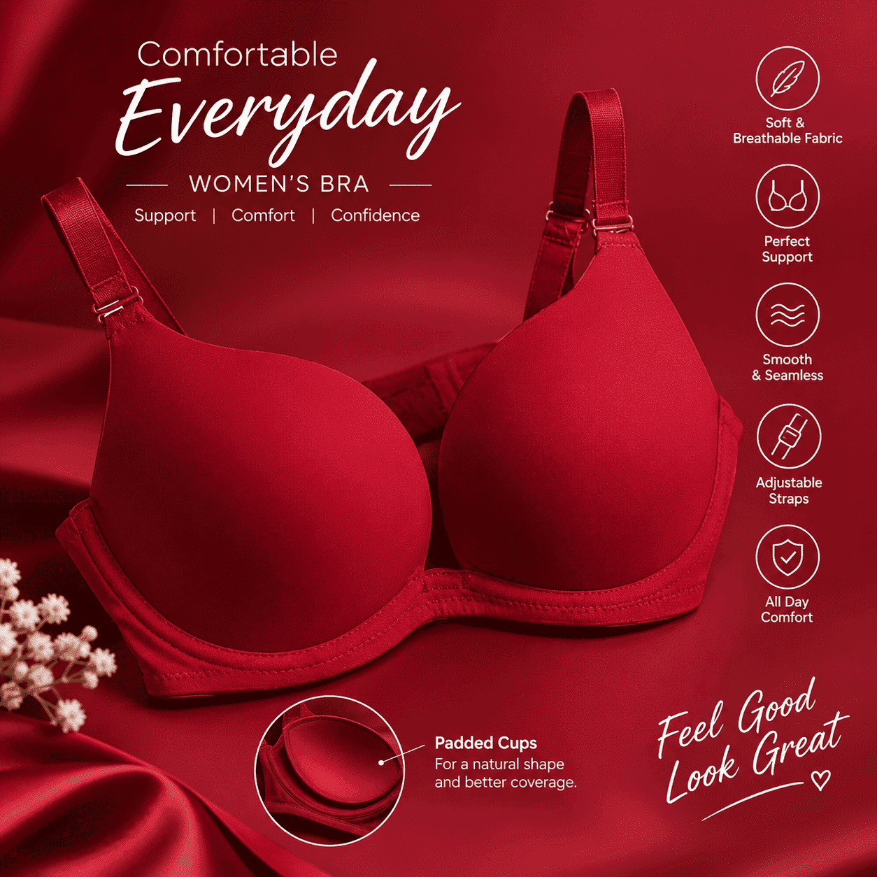 Women's Padded Wire-Free Seamless Bra with Convertible Straps